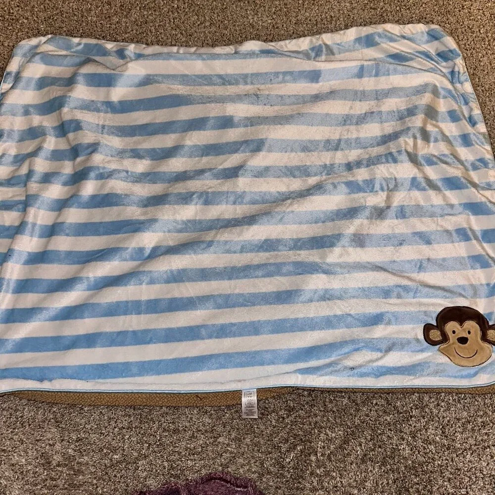 Just One You Carter's Monkey Baby Blanket Striped Blue Brown Soft Sherpa